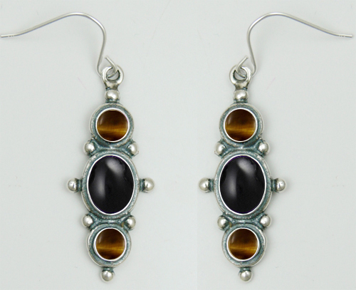 Sterling Silver Drop Dangle Earrings With Black Onyx And Tiger Eye